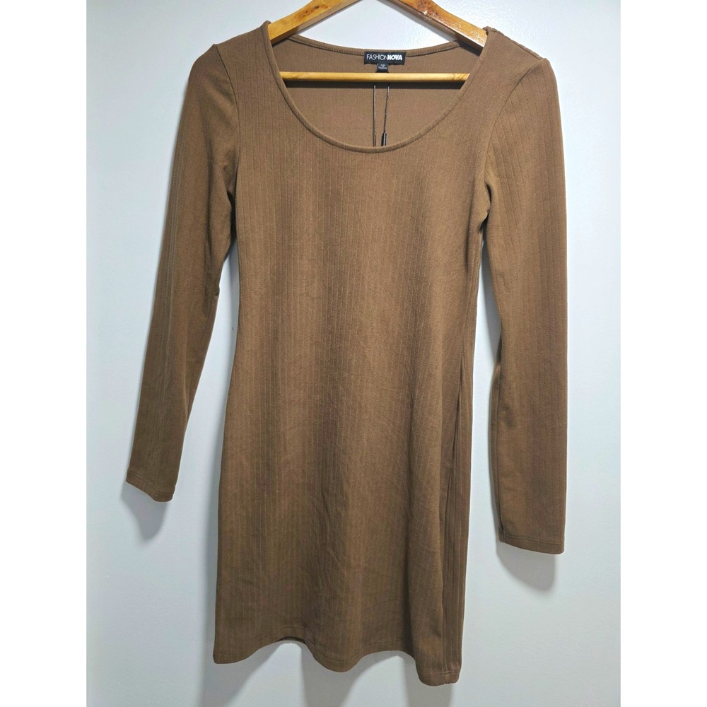 Fashion Nova Women's Brown Ribbed Knit Bodycon Mini Dress Long Sleeve Scoop M